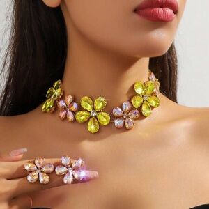 3pcs Rhinestone Flower Colorful Necklace And Earrings Set, Formal Evening Dress